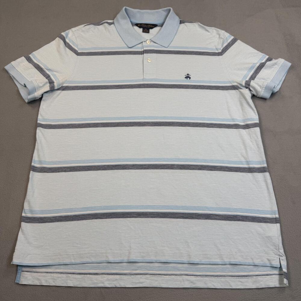 Brooks Brothers Polo Shirt Mens XL Blue Stripe Cotton Linen Original Fit Casual